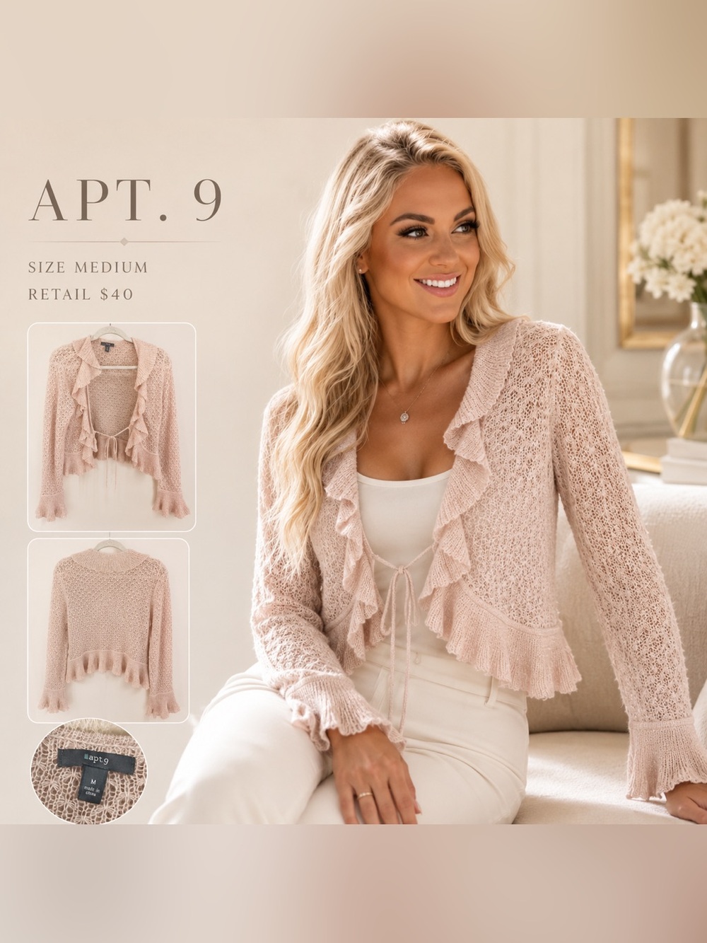 Apt. 9 Women's Blush Pink Ruffle Knit Tie-Front Cardigan